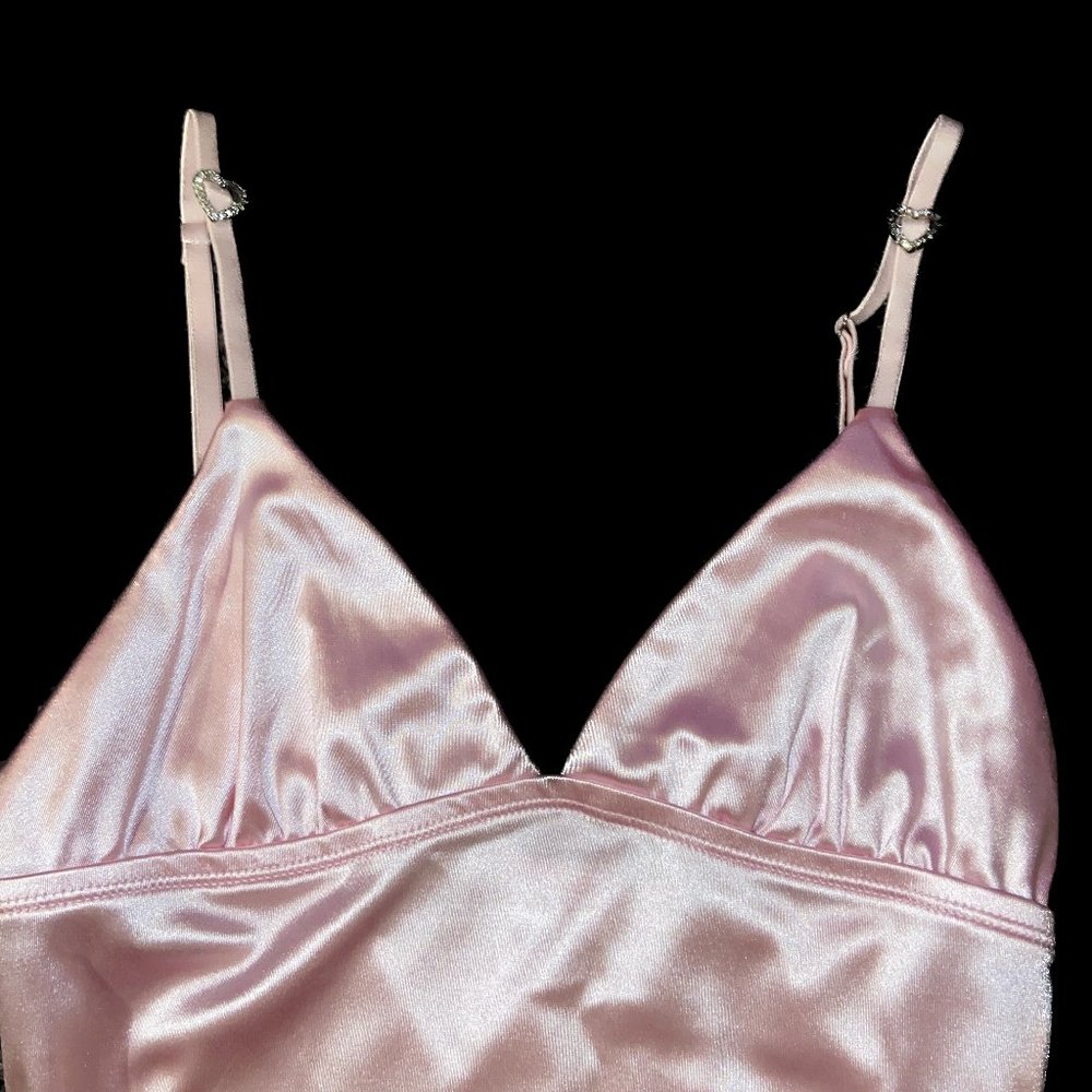 Pink Satin Bodysuit - Rhinestone Heart Straps